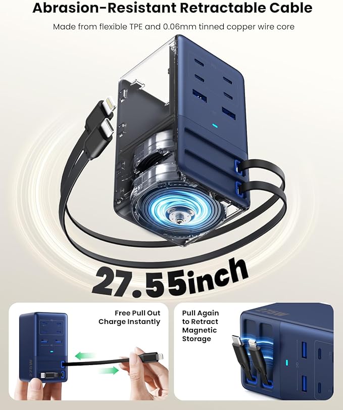 USB C Charger 275W Charging Station with Retractable Dual Cables,Upgraded 8-in-1 GaN IV Fast Charging Hub Block+PD QC PPS 65W Laptop Adapter for MacBook Pro/Air,iPad,iPhone 17/Pro,Galaxy S24,Dell-Navy
