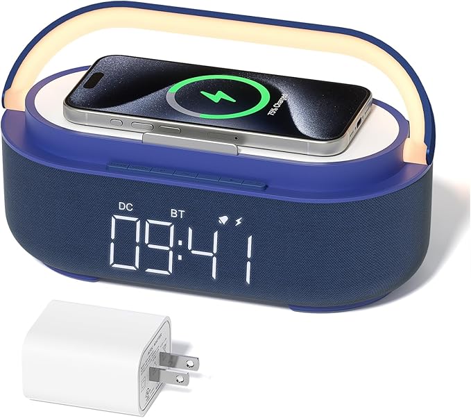COLSUR Bluetooth Speaker Alarm Clock with Wireless Charger, FM Radio, Adjustable LED Night Light, 6 in 1 Bedroom Portable Speaker 2500mAh, Phone Stand for Bedside, Home, Office, Gift (Blue)