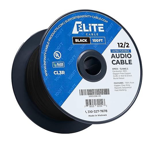 Elite 12/2 Speaker Wire 100ft, UL Listed, CMR/CL3R, (Riser/in-Wall & Outdoor/In-Ground (Direct Burial)- 100% Oxygen Free Pure Bare Copper (OFC), 12AWG/2-Conductor, 100ft Bulk Cable (65 Strands) Black