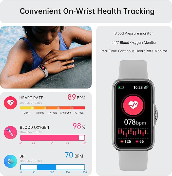 Sunorshop Health Fitness Tracker, Smart Watch with 24/7 Heart Rate and Blood Oxygen Monitor, Sleep Tracker with IP68 Waterproof, Activity Tracker Pedometer Step Counter for Women Men (Gray)