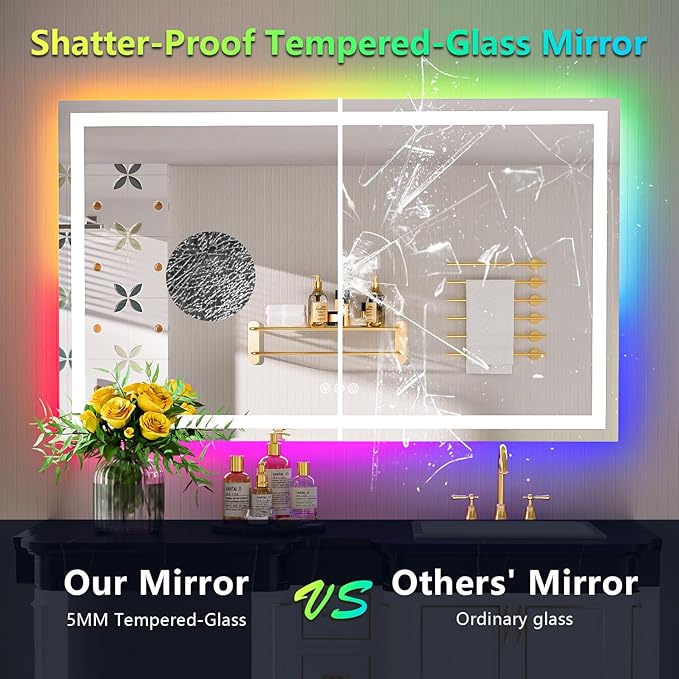 YEELAIT 51x40 Inch RGB LED Bathroom Mirror Front Light and RGB Backlit Lighted Vanity Mirror for Bathroom Wall Mounted Dimmable Anti Fog Memory Shatter-Proof IP54 Waterproof Horizontal/Vertical