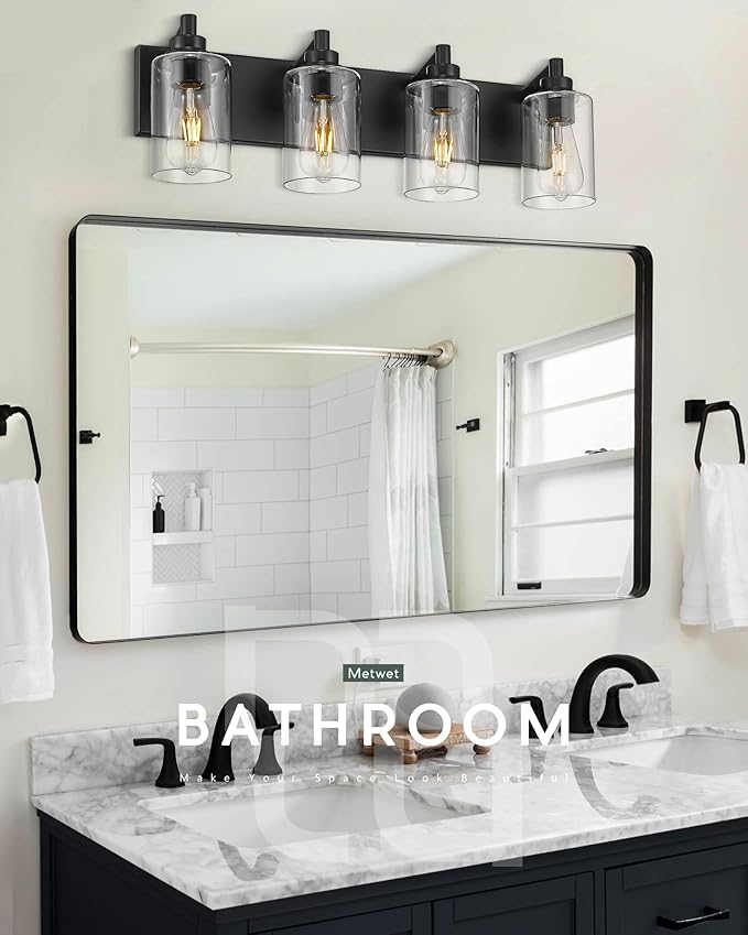 METWET 4-Light Bathroom Light Fixtures, Black Vanity Light with Cylinder Clear Glass Shade, Modern Vanity Lighting Fixtures Over Mirror, VL143-MB-4