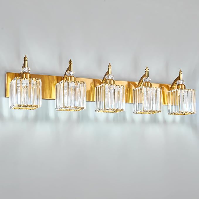 BBLLWJ 5-Light Crystal Vanity Lights - Gold, Modern Over-Mirror Bathroom Light Fixtures