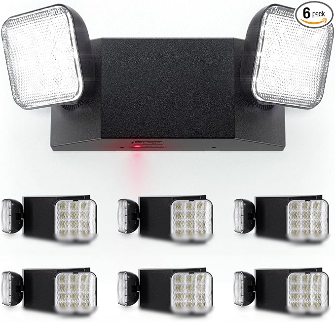 Sunco 6 Pack LED Emergency Lights, Commercial Lighting for Business, Power Outages, Offices, with Backup Battery (90 Minutes), Wall Mount, Hard Wired, Black, 120-277V, Fire Resistant (94V-0) UL.