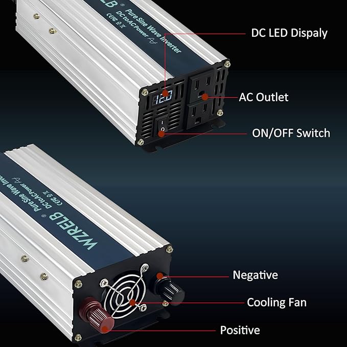 WZRELB 1000W Pure Sine Wave Inverter 48V DC to 110V 120V AC Power Converter with LED Display, Off-Grid Portable Power Inverter with 2 AC Outlets for Home, RV, Truck, Camping