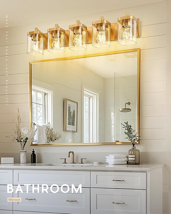 METWET Bathroom Light Fixtures, 30" Brushed Gold Vanity Light, 5-Light Modern Wall Sconces with Square Clear Glass Shade, Vanity Lighting Fixtures Over Mirror, VL194-BG-5