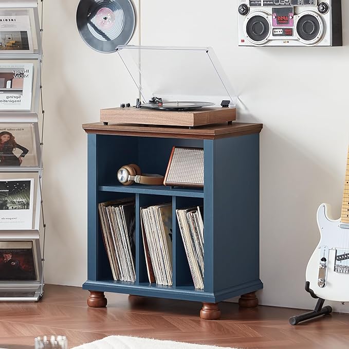 Joaxswe Record Player Stand with Vinyl Record Storage, 24" Wide Mid-Century Record Player Table Up to 200 Albums,Large Wood Turntable Stand Cabinet Dispaly Shelf for Living Room,Bedroom,Blue