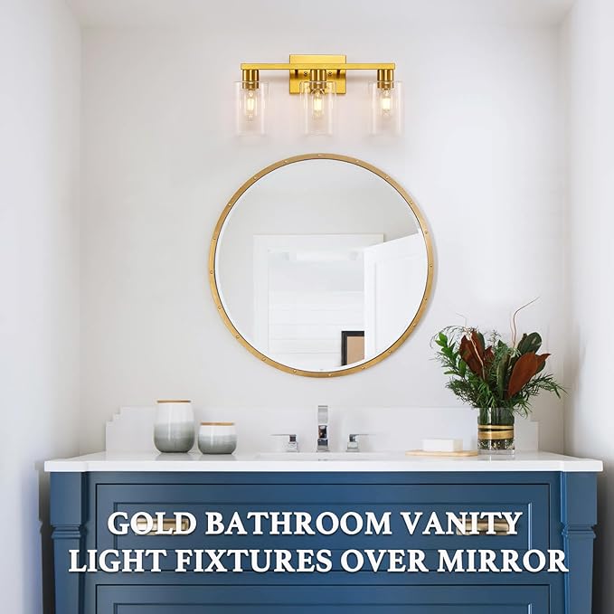 SOPEAS Gold 3-Light Bathroom Vanity Light, Modern Brushed Gold Vanity Lights with Clear Glass Shades, Bathroom Wall Sconce Lamp for Mirror Living Room Bedroom Hallway