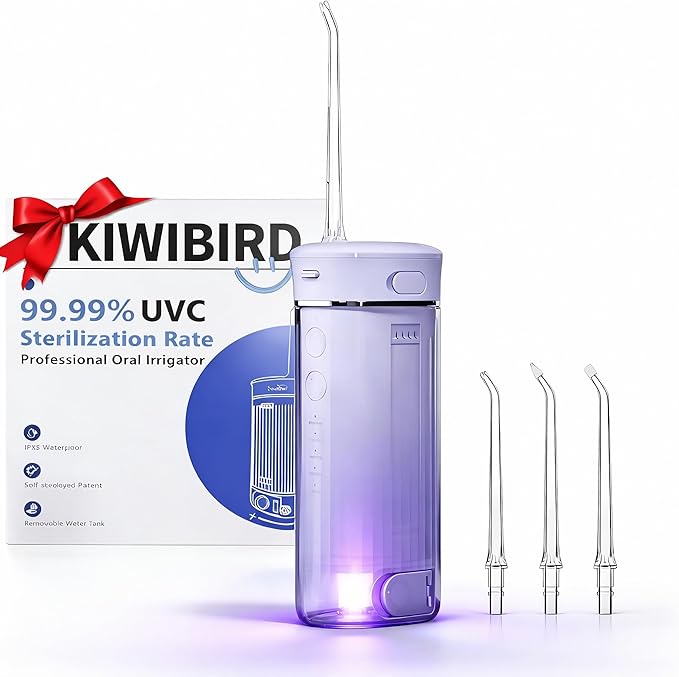KIWIBIRD Mini Water Flosser for Travel, Ultra-Portable Cordless Oral Irrigator with UVC Light, IPX8 Waterproof 3 Modes, 230mL Teeth Cleaner for Tonsil Stones & Braces Care - Home & Travel (Purple)