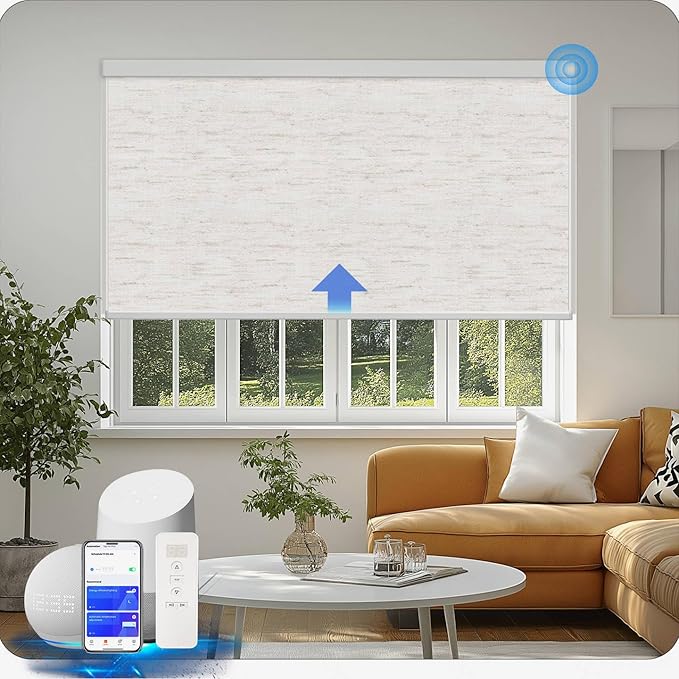 COOLWINDS Motorized Blinds with Remote Cordless Automatic Motorized Shades Custom Blinds for Windows Smart Curtains Compatible with Alexa Google Home(Blackout Linen Sandy Beach,W42 x H72in)