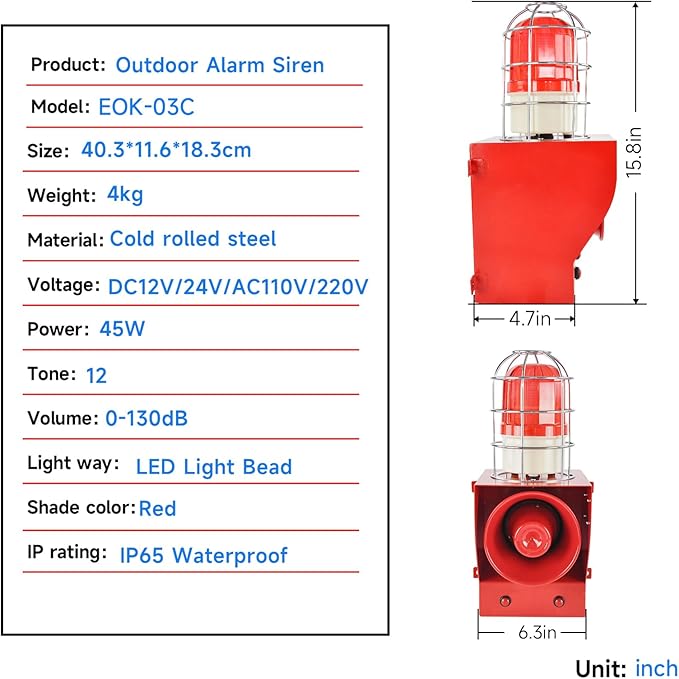 EOKHEOY Alarm Siren Waterproof Indoor/Outdoor Security Emergency Adjustable 130dB Loudest Sirens with Beacon Light Protective Net Plug for Factory, Office, Warehouse, School AC110-120V