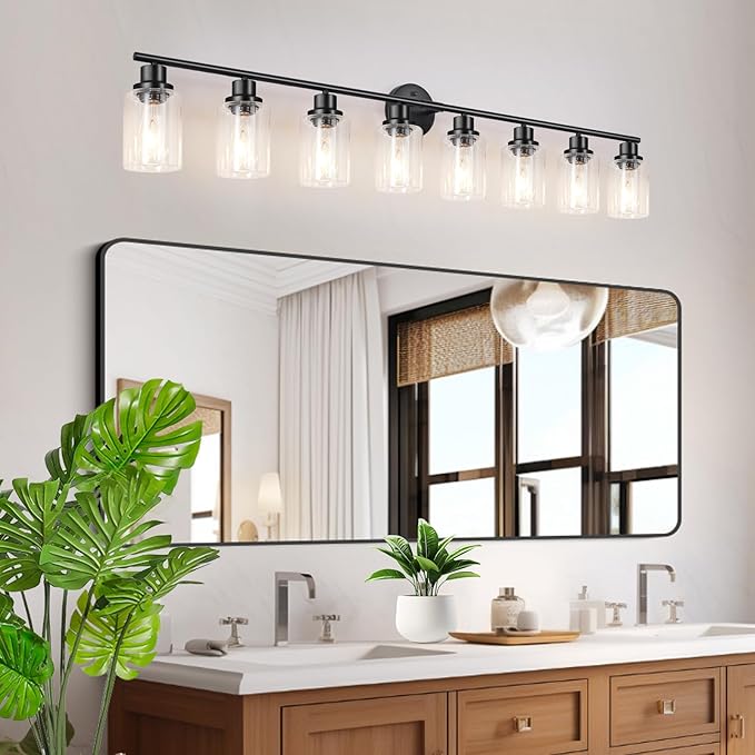Guliaofo 8-Light Black Vanity Lights, Modern Bathroom Light Fixtures with Clear Glass Shade, Wall Lamps for Mirror Kitchen Hallway Cabinet Living Room Sconces Lights - E26