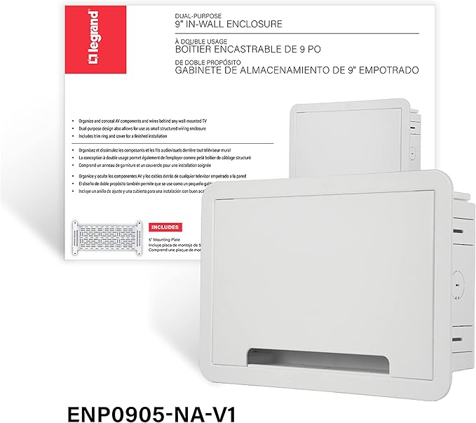 Legrand - OnQ Cable Management, In-Wall Media Box, Dual Purpose Structured Wiring Enclosure with Mounting Bracket, Home Networking Panel, 9 inch, White, ENP0905NAV1