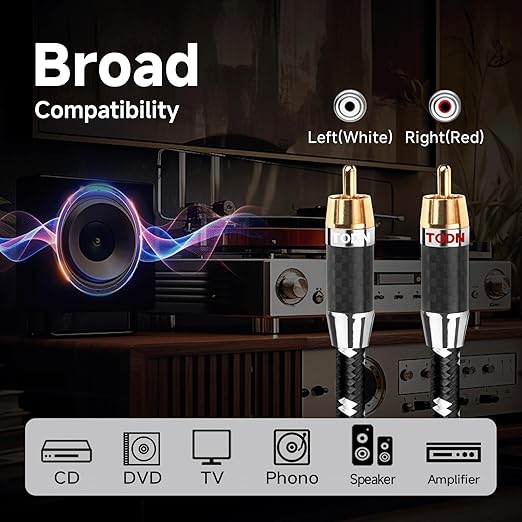 TODN High End OFC RCA Cables for Audiophile Shielded RCA Cable Car Audio Male to Male for Subwoofers, Amp, Home Stereo (4.9ft/1.5m, 1 Pair)