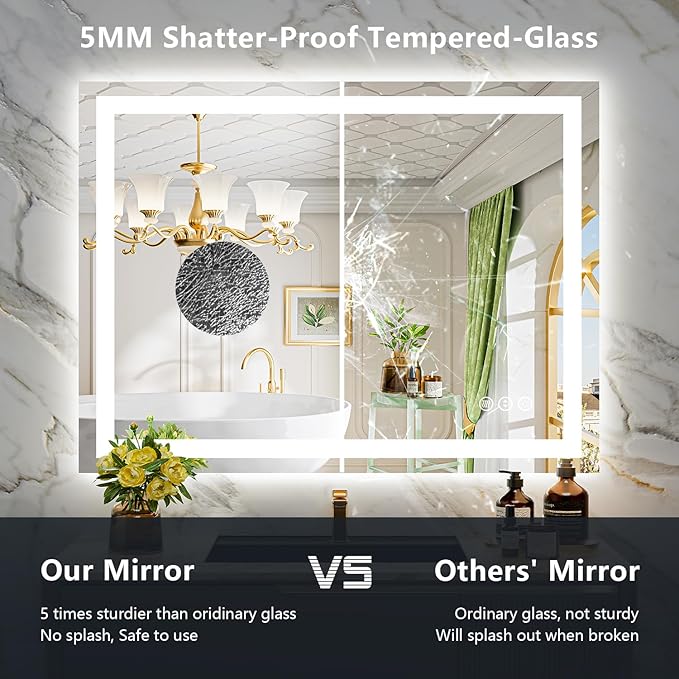 YEELAIT 44x36 Inch LED Bathroom Mirror with Lights Front and Backlit Lighted Vanity Mirror for Bathroom Wall with 3 Colors Dimmable Anti-Fog Memory Shatter-Proof IP54 Waterproof Horizontal/Vertical