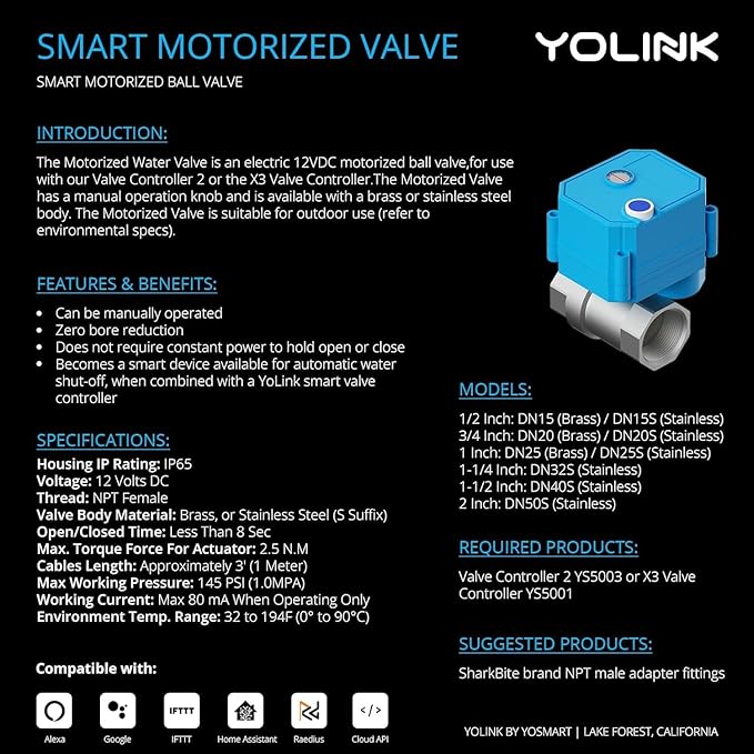 NSF Certified Pulse Meter + Shutoff Valve Kit, 3/4", FlowSmart Controller YS5006 Reads Meter Pulses, Real-Time Usage & Leak Detection, Auto Shutoff (D2D Offline), LoRa Long Range, Hub Included