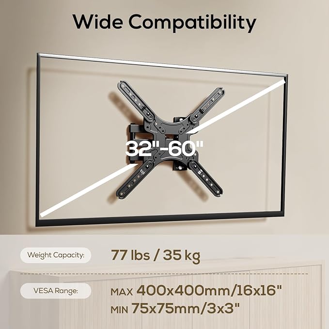 IWORKBOARD 43 50 55 inch Full Motion Corner TV Wall Mount for Most 32-60" TVs, Articulating Swivel Tilting TV Wall Mount Bracket, up to 77 lbs, VESA 400x400mm, Single Stud