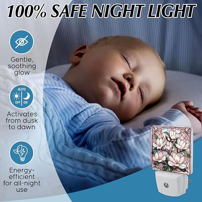 PODMemory Magnolia Stained Glass Night Lights Plug into Wall for Room, Magnolia Night Light LED for Bedroom