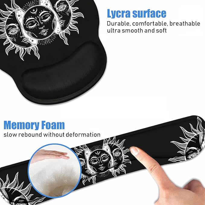 Keyboard Wrist Rest + Mouse Pad Wrist Support Set with Coasters, Moon and Sun with Many Fractal Faces Celestial Energy Mystic Art Wrist Mouse Pad with Non-Slip PU Base for Home Office Working Studying