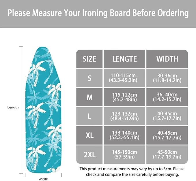 ZCFYGDX Ironing Board Covers,Elastic Edge 3 Bottom Nylon Buckle Straps, Stain Resistant & Resistant Scorch, Easy to Installation Fasteners Minimalist Palm Leaf Print Decor Size-M 15 x 48