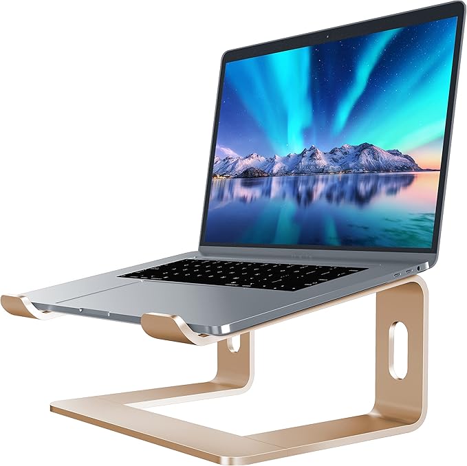 SOUNDANCE Laptop Stand, Aluminum Computer Riser, Ergonomic Laptops Elevator for Desk, Metal Holder Compatible with 10 to 15.6 Inches Notebook Computer, Champagne Gold