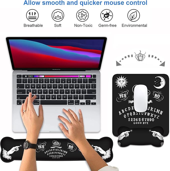 Wrist Rest Support Ergonomic Gel Mouse Pad & Memory Foam Keyboard Set, Non-Slip Rubber PU Base for Home Office Working Studying Easy Typing & Pain Relief, Ouija Board