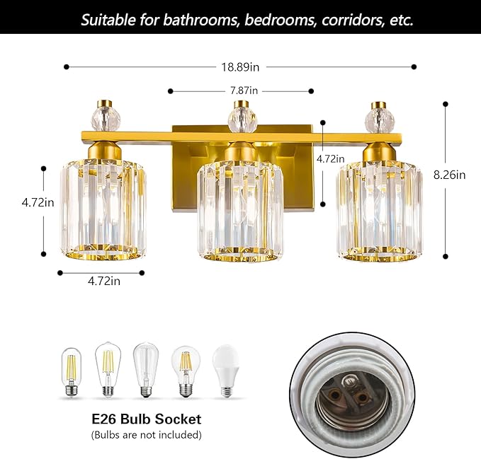 FDPBY Bathroom Vanity Lights 3-Light Gold Modern Crystal Vanity Light Fixtures Over Mirror Crystal Bathroom Vanity Lighting Fixtures