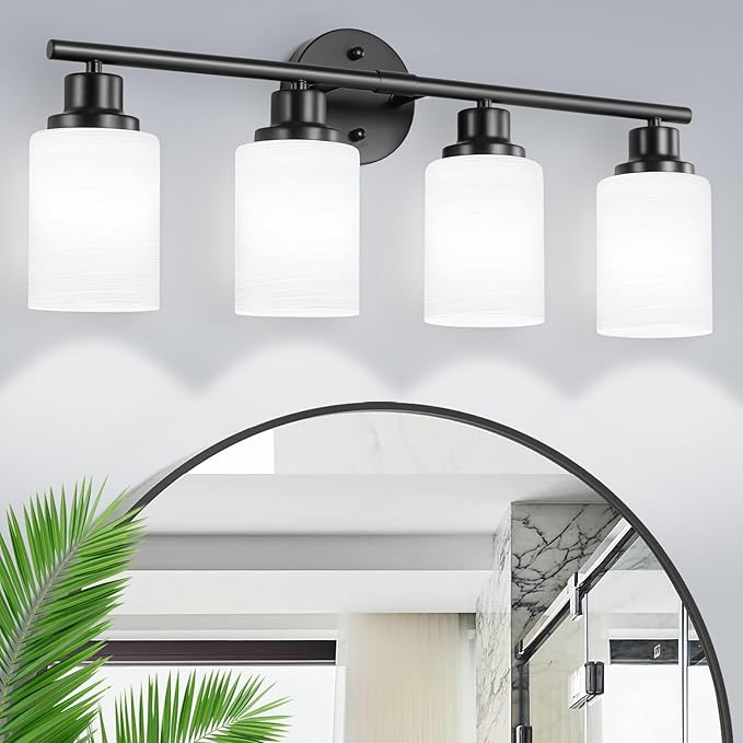 Guliaofo 4-Light Bathroom Light Fixtures, Black Vanity Lights for Mirror with Textured Milky White Glass Shade, Modern Kitchen Light Fixtures Wall Sconce Light - E26 Base