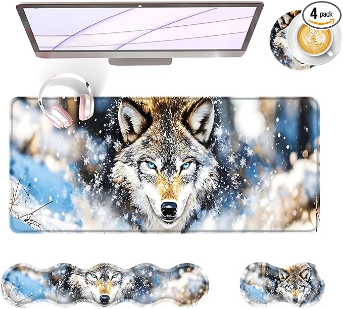 BFUKVOU Large Keyboard Mouse Pad Set, Extended Mouse Pad+Keyboard Wrist Rest Support, Memory Foam Ergonomic Easy Typing, 4Pcs (31.5×11.8 in) Desk Pad Set for Office Home,Snowy Wolf