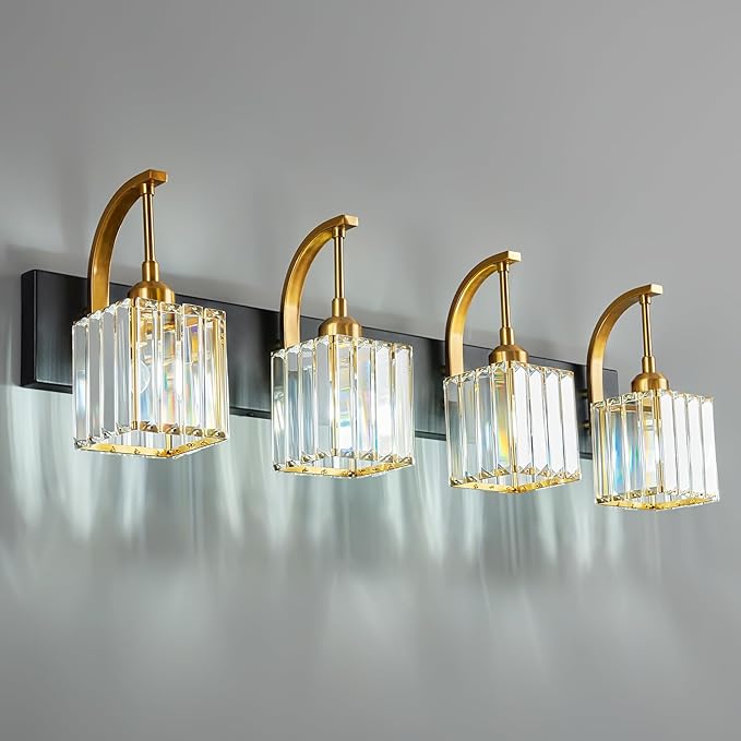 FDPBY Crystal Vanity Lights 4-Light Black Gold Bathroom Vanity Lights Modern Crystal Bathroom Light Fixtures Over Mirror 32.67" Long Vanity Light for Bathroom