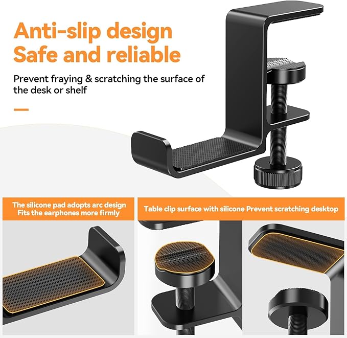 Yocice Headphone Hanger Holder Stand-Under Desk Headphone Hanger， Headset Hook Holder Space-Saving Aluminum Stand with Universal Fit for Gaming PC Accessories (Black-1PCS)