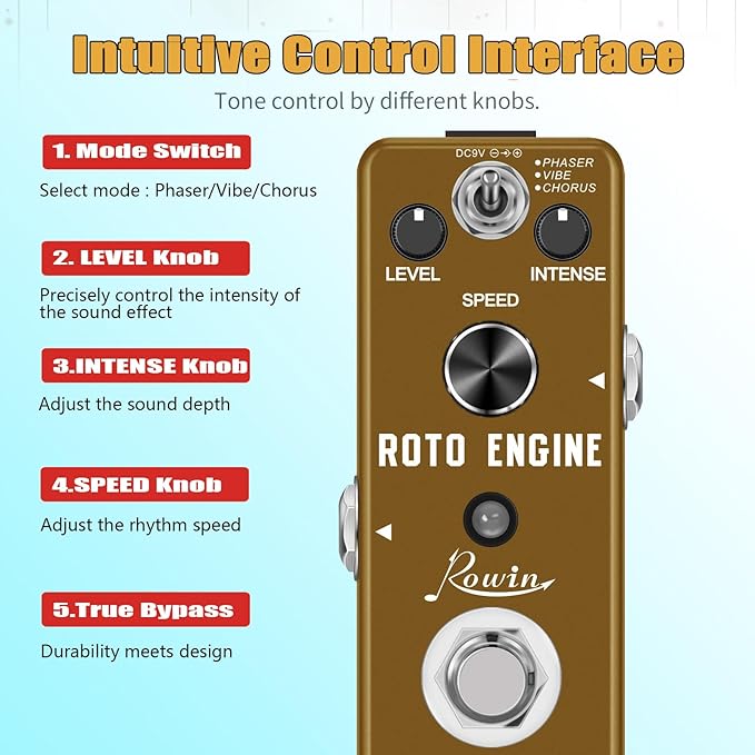 Rowin ROTO ENGINE Rotary Speaker Simulator Effect Pedal Mini Digital Guitar Effects Pedal Phaser/Vibe/Chorus 3 models with Storage of Timbre Sound Pedal True Bypass Full Metal Shell LEF-3801