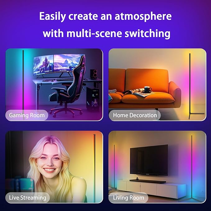 Tyute LED Corner Floor Lamp, 68+ Scenes, 16 Million Colors Corner Light with App & Remote Control, 65” Smart RGB Ambient Lighting with Music Sync, Mood Lighting for Bedroom, Living Room, Gaming Room