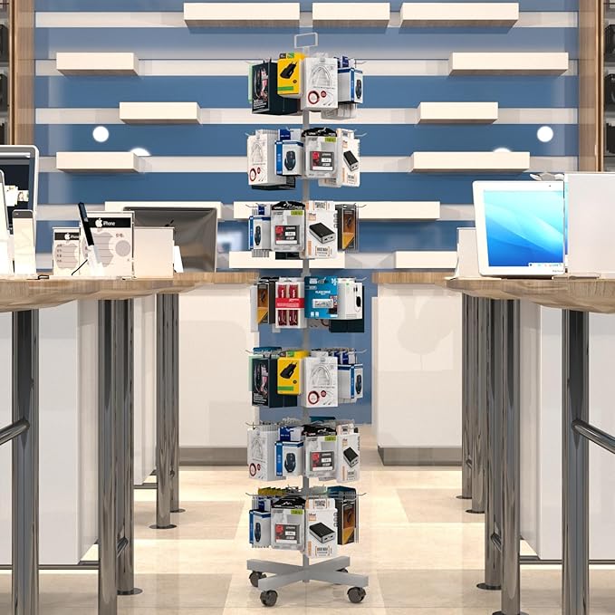 YEOOE Retail Display Racks 7 Tier Spinning Display Stand, Movable Shop Spinner Rack with Hooks, Retail Display Stand for Jewelry Keyring Hats Socks Toys (White)