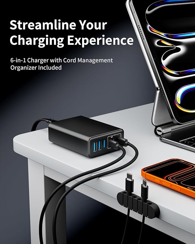 USB C Fast Charger, 105W GaN 6-Port Desktop USB Charging Station Hub, USB C Charger Block Wall Charger for iPhone 17/16/15/14/13/12/11, iPad, Samsung and More (Cable Organizer Included)