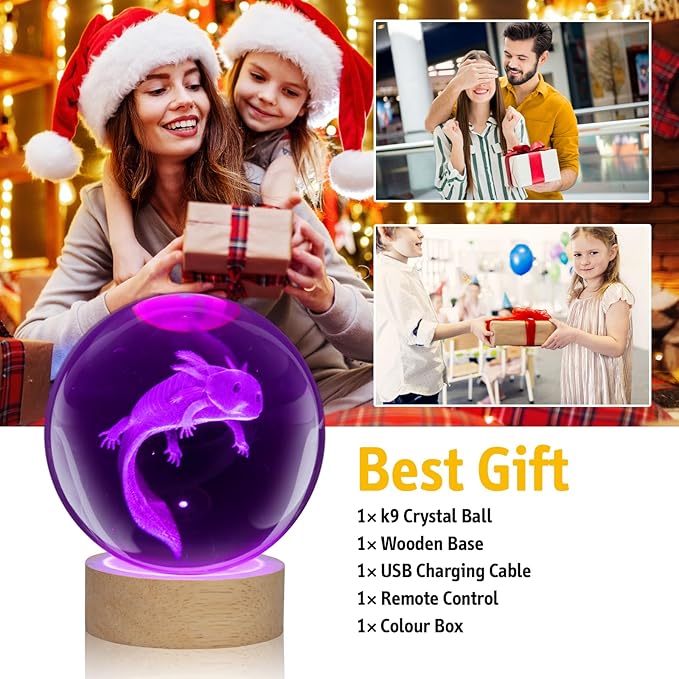 LQYHZCZQ 3D Axolotl Crystal Ball Night Light with 16 Color LED Wooden Base with Remote Control, 3.15 Inch Crystal Ball Night Light