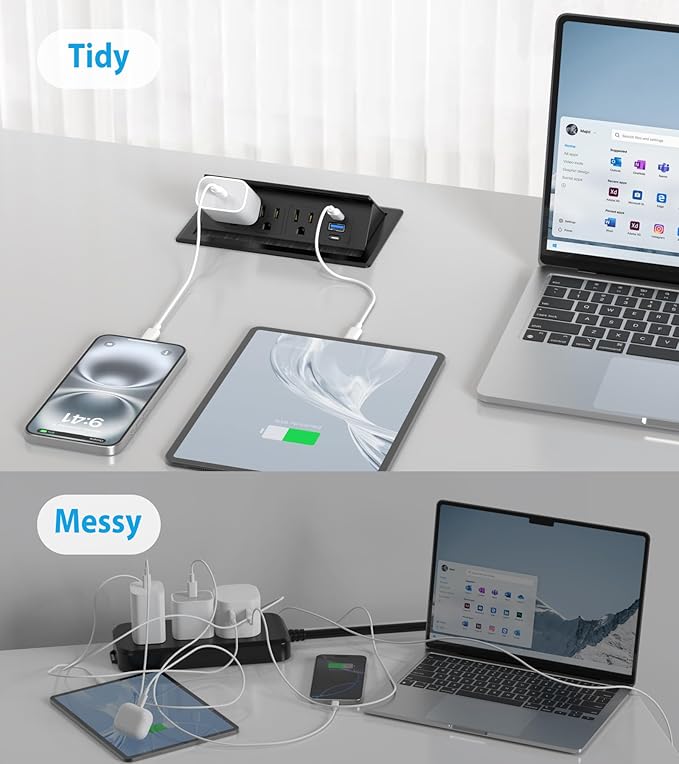 Recessed Conference Table Power Hub with 20W USB-C PD Fast Charging, Flush Mounted for Desks, Kitchens & RVs, 6FT Power Cord (Black)