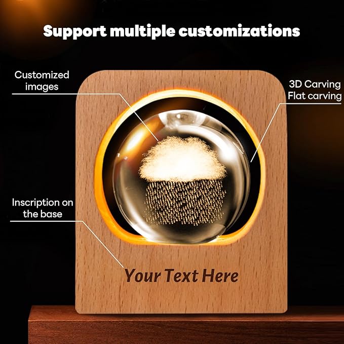 GigaGlow Personalized 3D Crystal Photo Night Light - Custom Engraved Glass Ball with LED Wood Base | Perfect Custom Gift for Family, Pets, Birthday, Valentine's Day