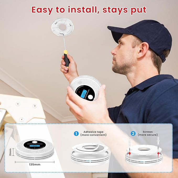 Alertlink 2-in-1 Smoke and Carbon Monoxide Detector Alarm, with Voice Alert,10-Year Battery Fire & CO Alarm with Large LCD Display, Easy Install with Adhesive or Screws