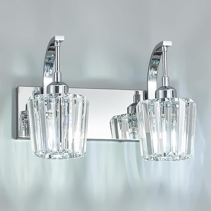 FDPBY Modern Bathroom Vanity Light, 2-Light Chrome Wall Sconce with Crystal Accents, Over Mirror Bathroom Lighting Fixture, 13.77" Long Dimmable Vanity Lamp for Makeup, Easy Installation