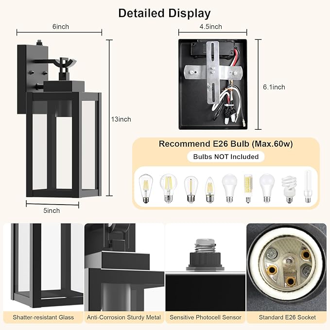 LTBLIGHT 2-Pack Dusk to Dawn Outdoor Wall Lights, Modern Black Sensor Porch Light Fixtures, Waterproof Exterior Lighting for House, Garage, Patio, Front Door, 100-120Vac