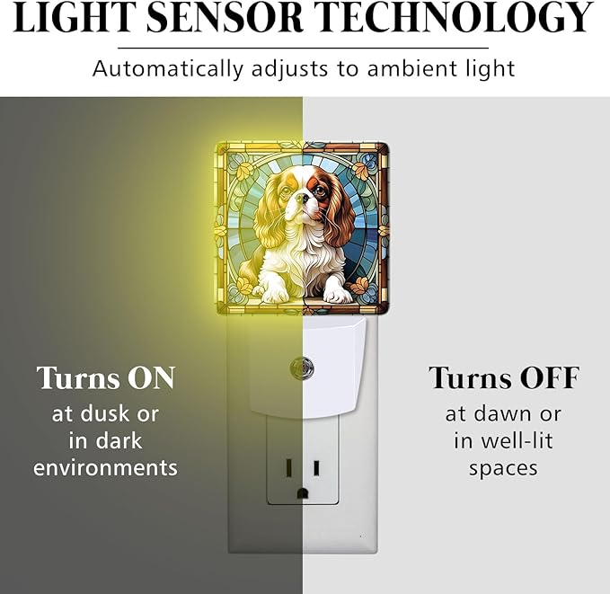 PODMemory Cavalier King Charles Spaniel Stained Glass Night Lights Plug into Wall for Room, Cavalier King Charles Spaniel Night Light LED for Bedroom