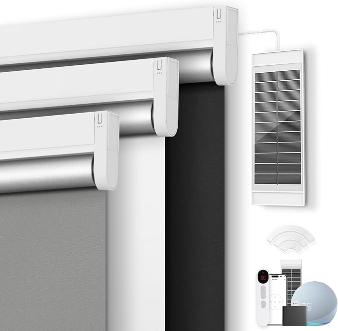 Motorized Roller Blinds with Remote Control & Solar Panel - 100% Blackout Smart Blinds, Automatic, Cordless, Electric Shades - Compatible with Alexa - Grey, 34¼" W x 72" H