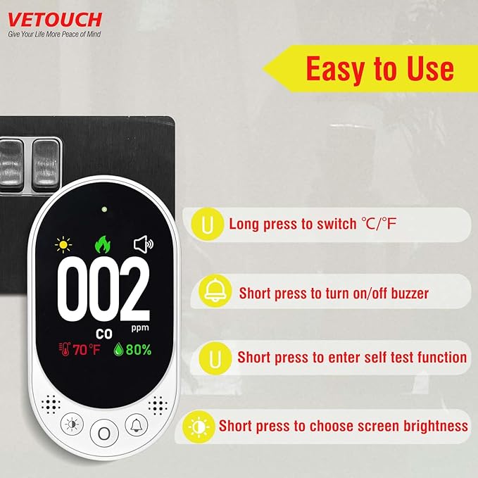 VETOUCH Plug-in Carbon Monoxide Detector with Digital Color Display CO Detector for CO, Temperature & Humidity, 85dB Loud Alert, Self Test Function vetouch CO Detector, for Home, Bedroom, Kitchen, RV