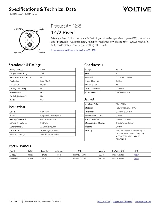 Voltive 14/2 Speaker Wire, Riser CL3R, Black, 500ft - 14AWG, 2 Conductors, Stranded Oxygen-Free Copper, UL Listed - V-1268-1