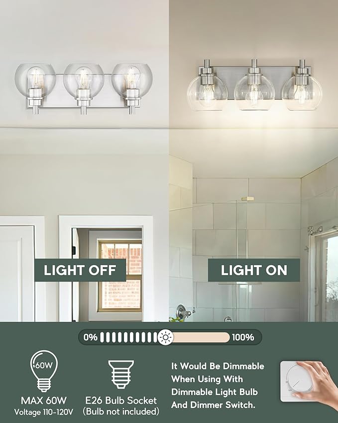 METWET Bathroom Light Fixtures, 3-Light Brushed Nickel Vanity Light, Modern Wall Sconces with Globe Clear Glass Shade, Vanity Lighting Fixtures Over Mirror, VL195-BN-CL-3