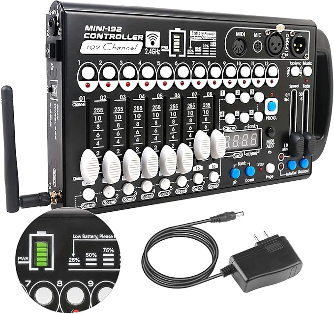 Battery DMX Controller Wireless with MIDI, DMX Board 512 Light Controller for Dj Lights, Dmx512 Lighting Console 192ch with Built-in Battery for Control Stage Light