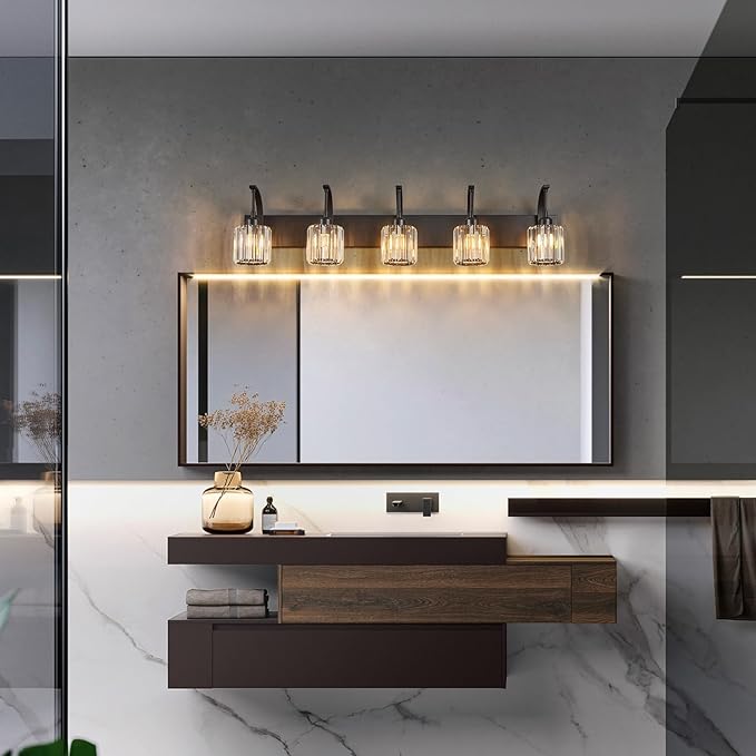FDPBY 5-Light Crystal Vanity Light, Modern Black Bathroom Wall Sconce with K9 Crystal Shades, 42.51" Long Over Mirror Lighting for Vanity, Makeup, Hallway, Elegant & Easy Installation