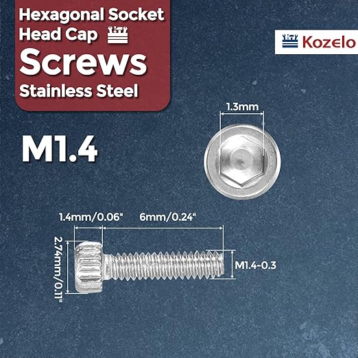 Kozelo 60pcs Socket Head Cap Screws - [M1.4-0.3 x 6mm] 304 Stainless Steel Allen Socket Drive for Electrical Motor 3D Printing Fan Engine Replacement Use, Silver