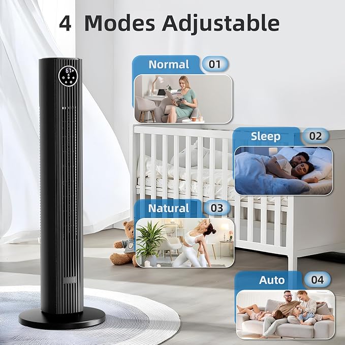 Antarctic Star Tower Fan Portable Floor Fans 85°Oscillating Fan Quiet Cooling 12H Timer Remote Control Standing Bladeless Electric 3 Wind Speeds 4 Modes Bedroom Office,36 inch, Black